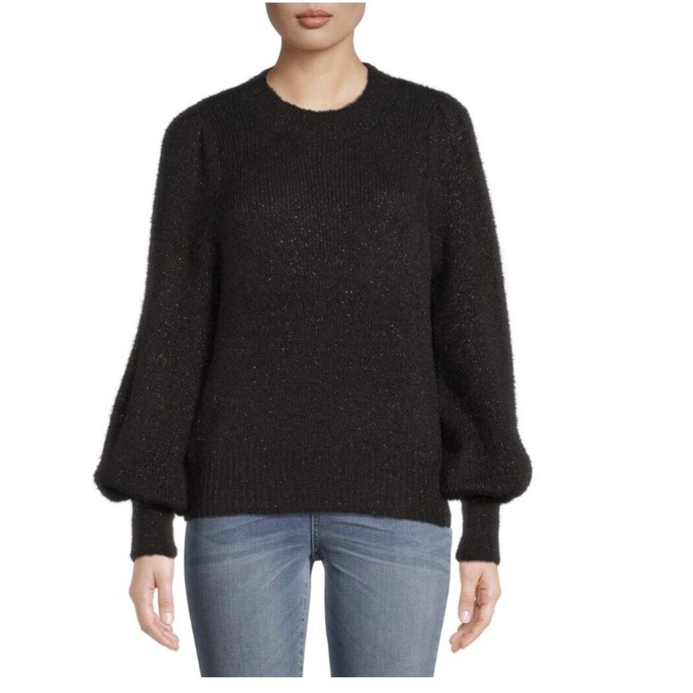 Time and Tru Women's Puff Shoulder Crew Neck Sweater Black Gold Combo XXXL (22)